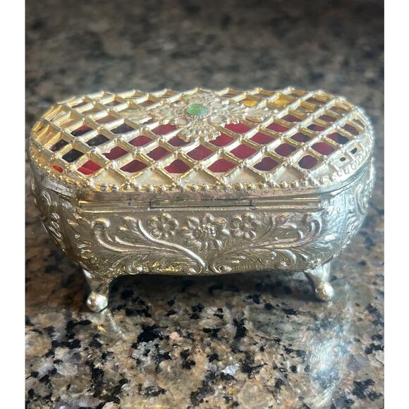 Vtg Embossed Footed Trinket Jewelry Box Red Velvet Lined Japan - Picture 4 of 10
